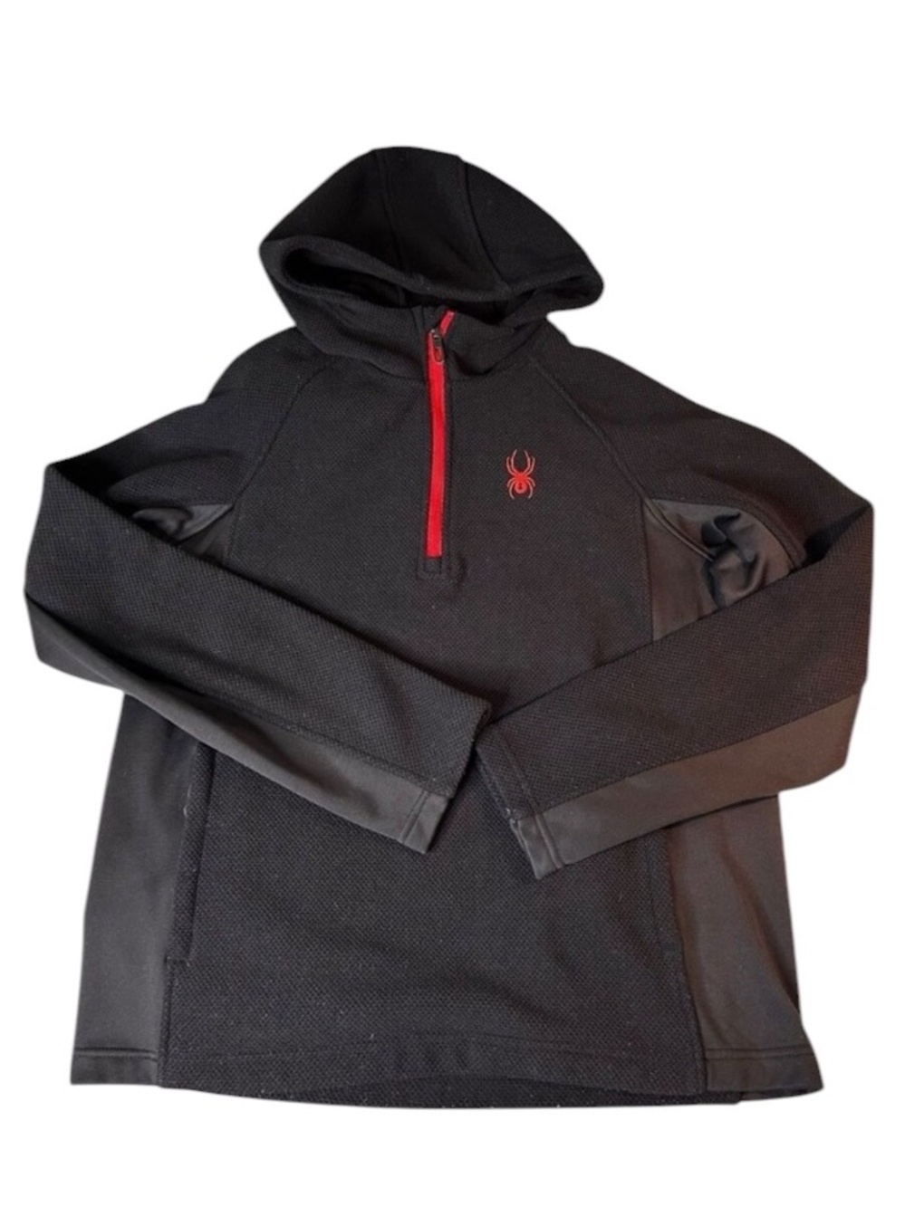 Spyder Quarter Zip Pullover Jacket LARGE Black Waffle Knit Fleece Lined Hooded